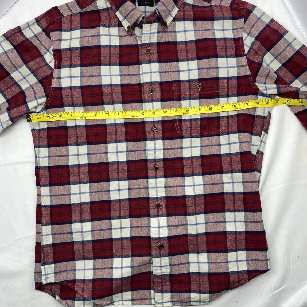 J Crew Shirt Men M Red Plaid Flannel 100% Cotton Mid Weight Elbow Patches Cabin